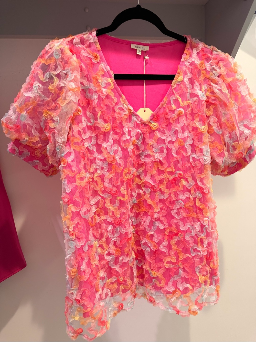 JODIFL Pink Multi-Color Ruffle V-Neck Blouse